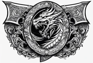Valhalla sword shield dragon head axe tattoo idea
