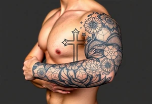 wellness and healthy symbols, cross and longevity tattoo idea