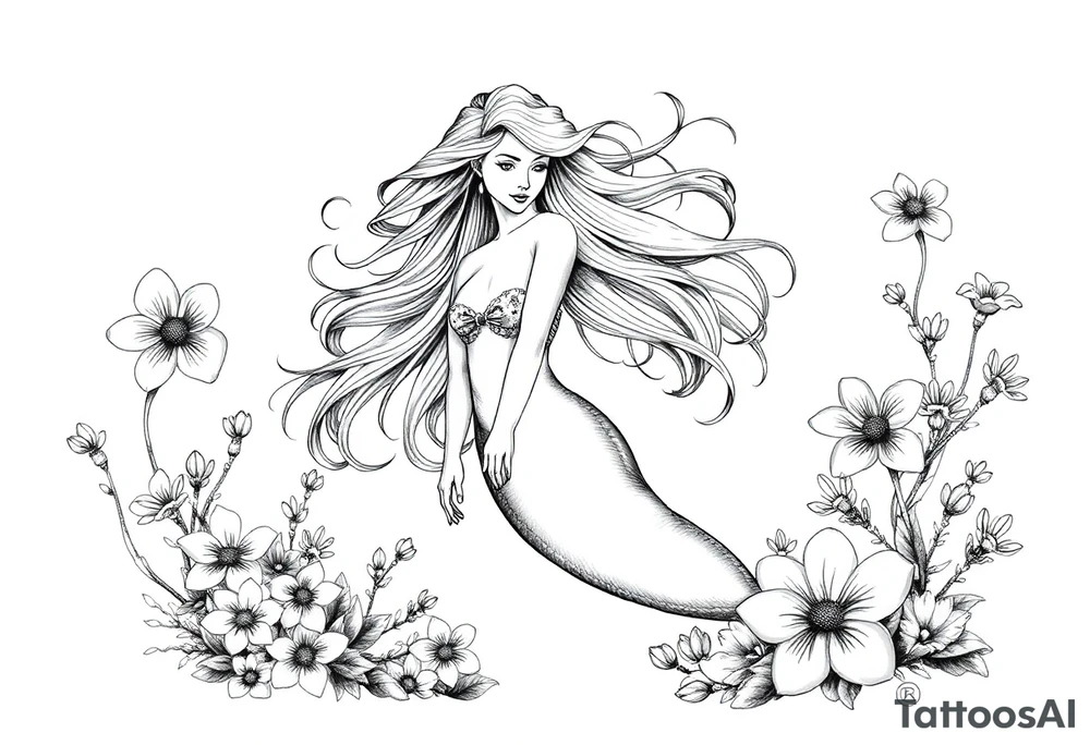 ethereal mermaid with flowing hair among coral and sea flowers tattoo idea