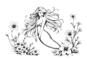ethereal mermaid with flowing hair among coral and sea flowers tattoo idea
