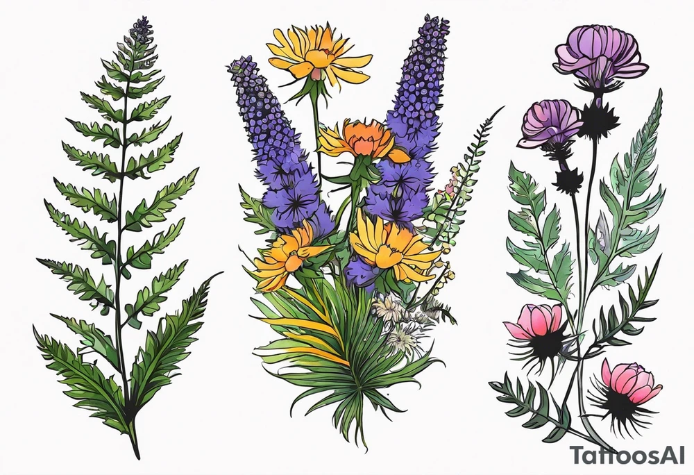 small vertical mixed wildflower bouquet with ferns, thistle and with color tattoo idea