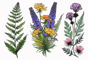 small vertical mixed wildflower bouquet with ferns, thistle and with color tattoo idea