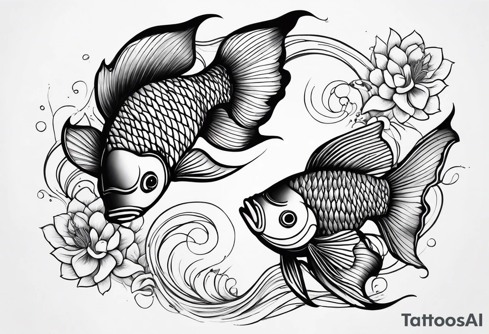 twin coi fish one red one black with waves and lotus flowers tattoo idea