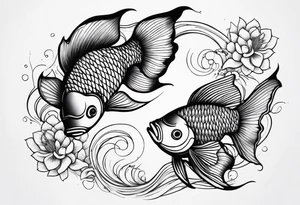 twin coi fish one red one black with waves and lotus flowers tattoo idea