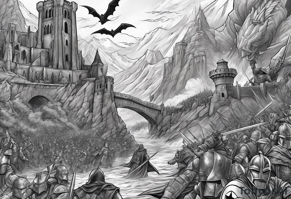 Full arm sleeve tattoo extending from shoulder to wrist featuring the battle of Helms Deep with character such as Anakin Skywalker, Obi Wan Kenobi, Darth Vader, Superman, Batman, Green Lantern, Dark Magician and Blue-Eyes White Dragon from Yu-Gi-Oh!, and Captain America added in to a panned out scenic battle tattoo idea