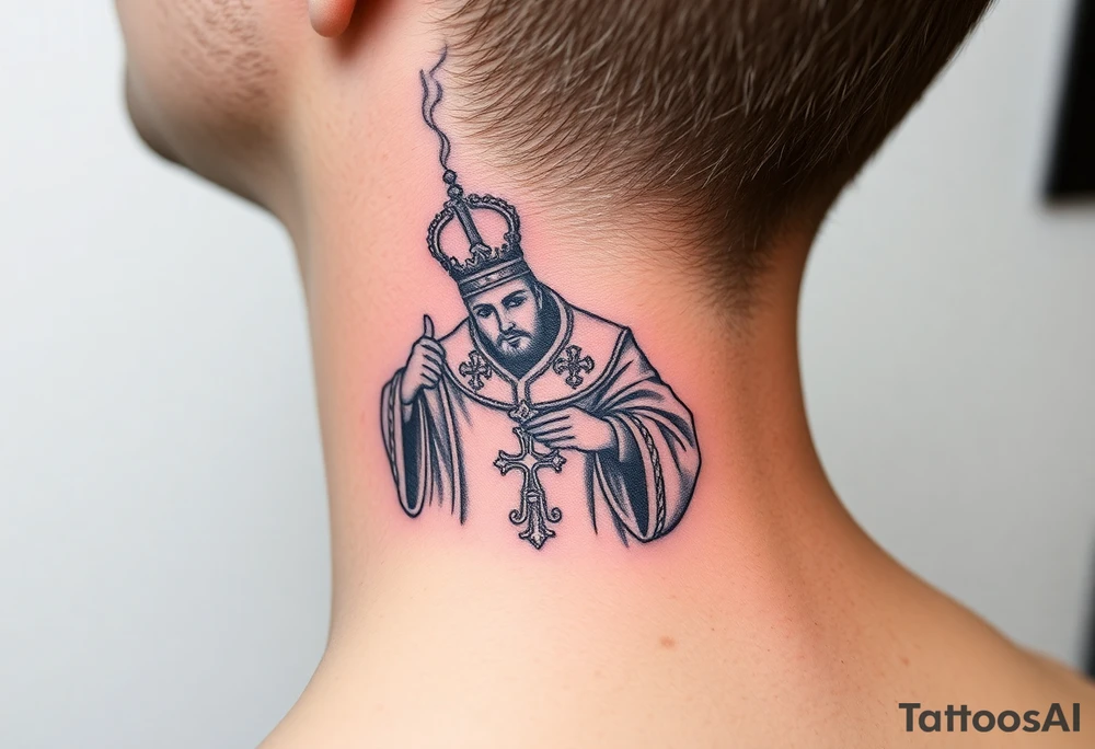 Russian Orthodox Priest in a fully detailed gold vestment swinging a censer with smoke curling upward tattoo idea