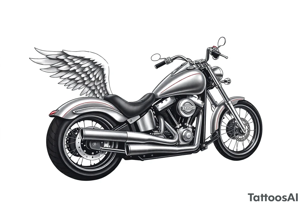 Low rider grey motorcycle, big muffler pipes with flames, angel wings, driving away, no person tattoo idea