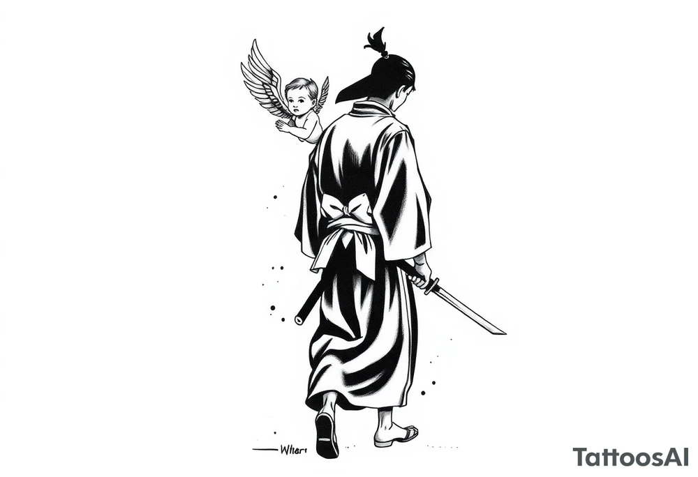 "Blackwork tattoo sketch of a lone samurai walking forward, shown in dramatic silhouette style. The samurai wears traditional kimono and hakama, holding a katana in one hand with the blade pointing downward. Behind him floats a small child angel with detailed feathered wings, gently touching the samurai’s back with one hand, as if stopping or guiding him. Strong contrast, dynamic ink splatter, rough brush strokes, Japanese sumi-e vibe, emotional and symbolic composition, high detail linework, no background." tattoo idea