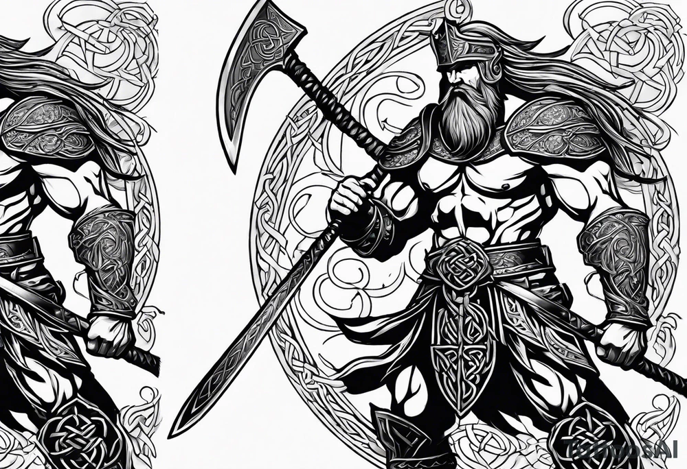 Full body side profile of
Celtic warrior with an axe in one hand and a sword in the other walking into battle tattoo idea