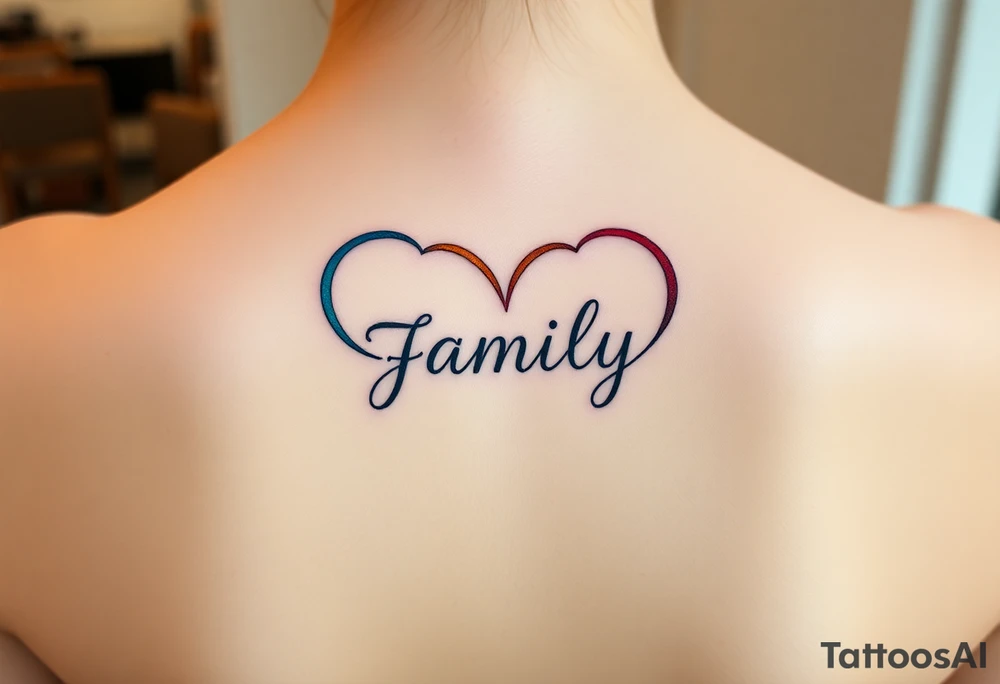 An infinity symbol with a colorful heart-shaped infinity loop, and the word "family" elegantly placed at the center in a soft script tattoo idea