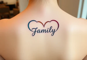 An infinity symbol with a colorful heart-shaped infinity loop, and the word "family" elegantly placed at the center in a soft script tattoo idea