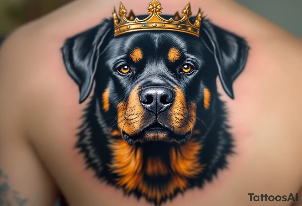 Rottweiler with Crown – A proud black and tan Rottweiler wearing a worn gold crown, symbolizing loyalty and strength. Hyper-realistic fur texture with warm amber eye details. tattoo idea