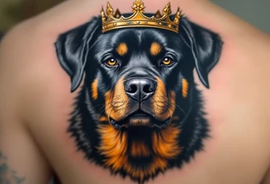 Rottweiler with Crown – A proud black and tan Rottweiler wearing a worn gold crown, symbolizing loyalty and strength. Hyper-realistic fur texture with warm amber eye details. tattoo idea