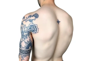 a half sleeve with porcelain blue style with ornate and floral decor with a detailed banded border at the wrist and elbow. tattoo idea