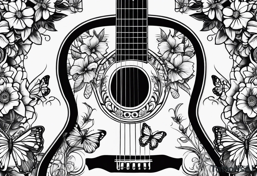 Whole electric acoustic Guitar in shape with flowers growing off the side, butterflies tattoo idea