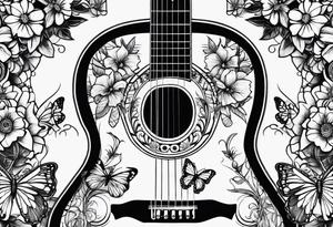 Whole electric acoustic Guitar in shape with flowers growing off the side, butterflies tattoo idea