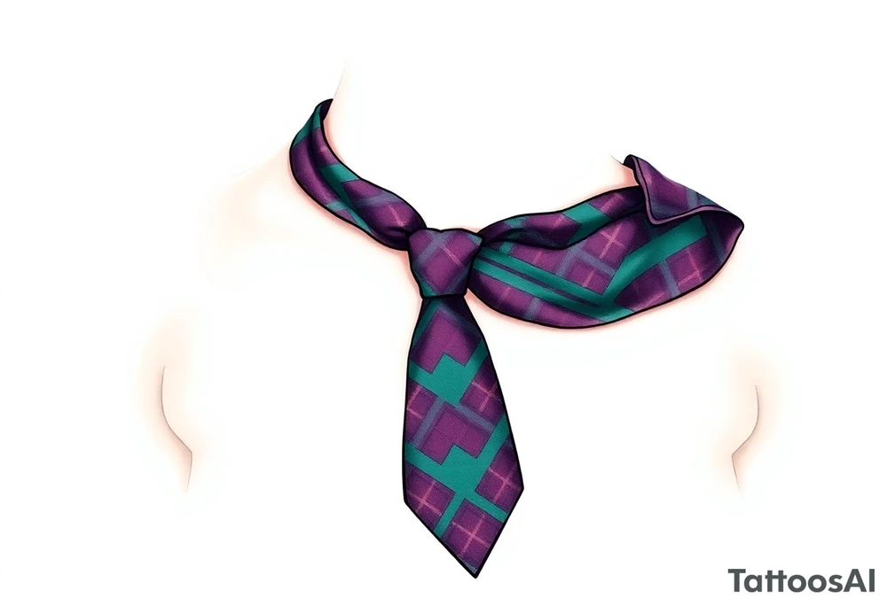Lower chest

Tie Dark Purple with green pink blue and white highlights tartan fabric with skin around edges peeling and wrapping around side of shoulder tattoo idea