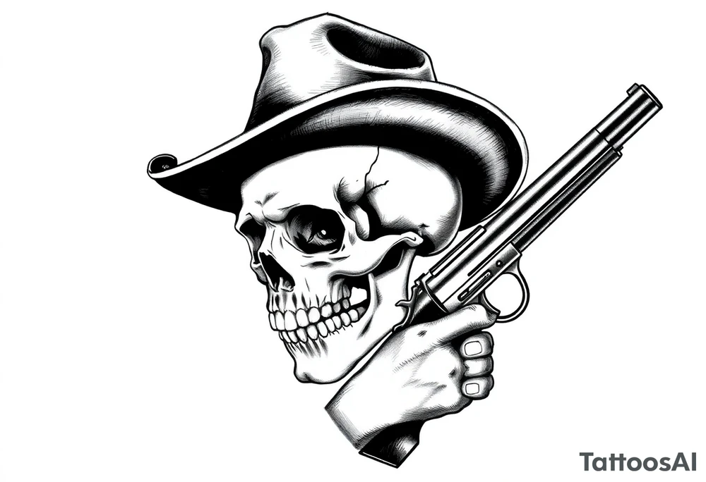 a skull with cowboy-hat and agun in his hand tattoo idea