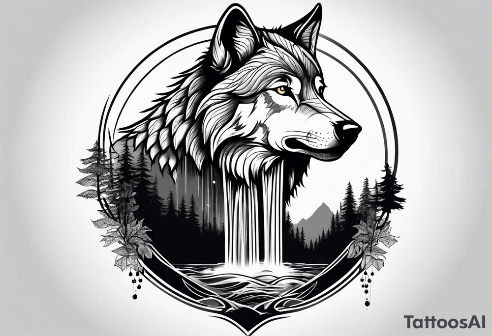 Wolf with waterfall and nature tattoo idea