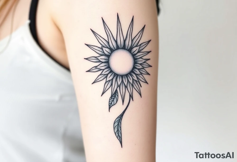 Shining Mystical sun with long  leaning sunflower sun tattoo idea