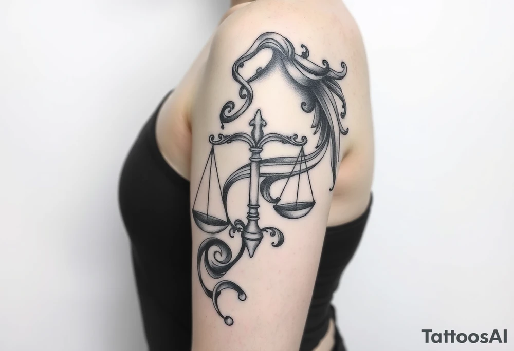 I want a tattoo that combines the Aquarius water bearer and the Libra scales. The water should flow elegantly from the jug, merging into or balancing the scales below. tattoo idea
