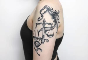 I want a tattoo that combines the Aquarius water bearer and the Libra scales. The water should flow elegantly from the jug, merging into or balancing the scales below. tattoo idea