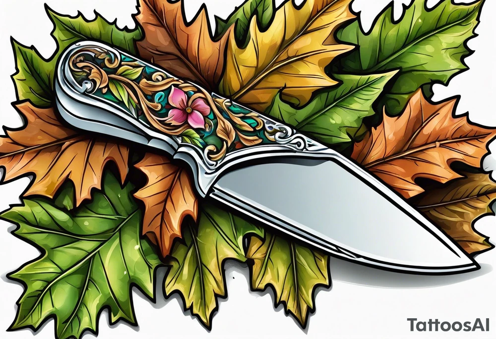 a straight razor lies in oak leaves. tattoo idea