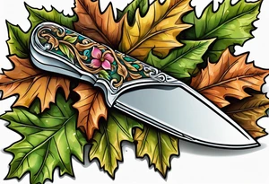 a straight razor lies in oak leaves. tattoo idea