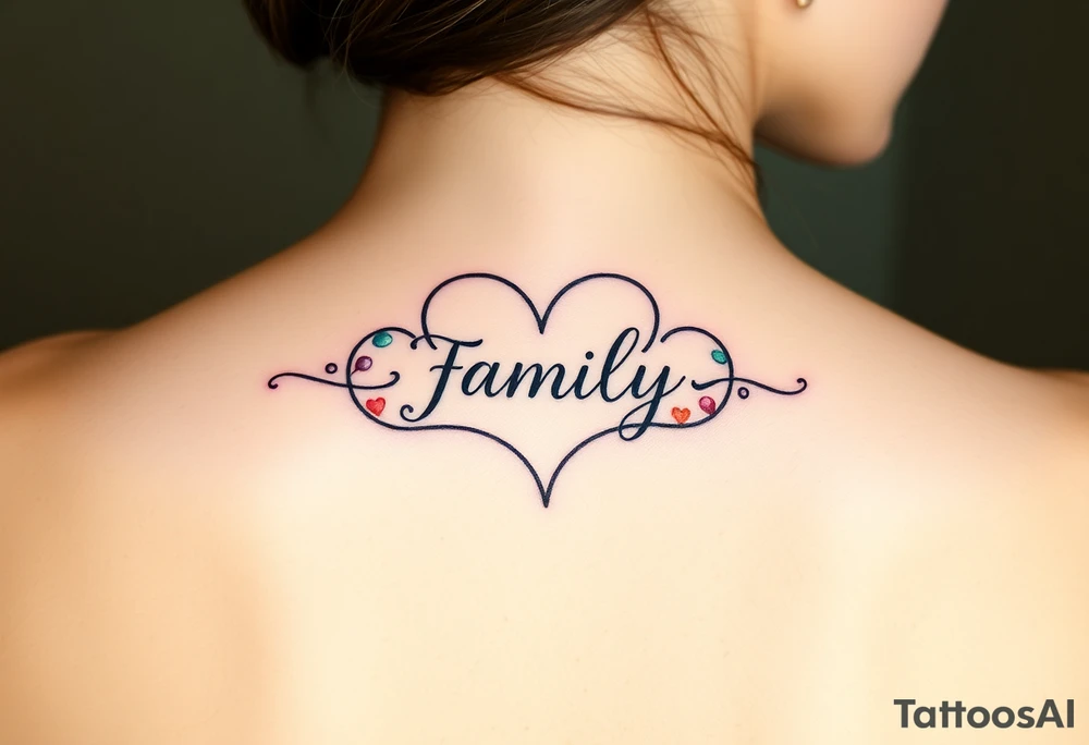 An infinity symbol with a heart-shaped loop, and the word "family" elegantly placed at the center in a soft script tattoo idea