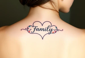 An infinity symbol with a heart-shaped loop, and the word "family" elegantly placed at the center in a soft script tattoo idea