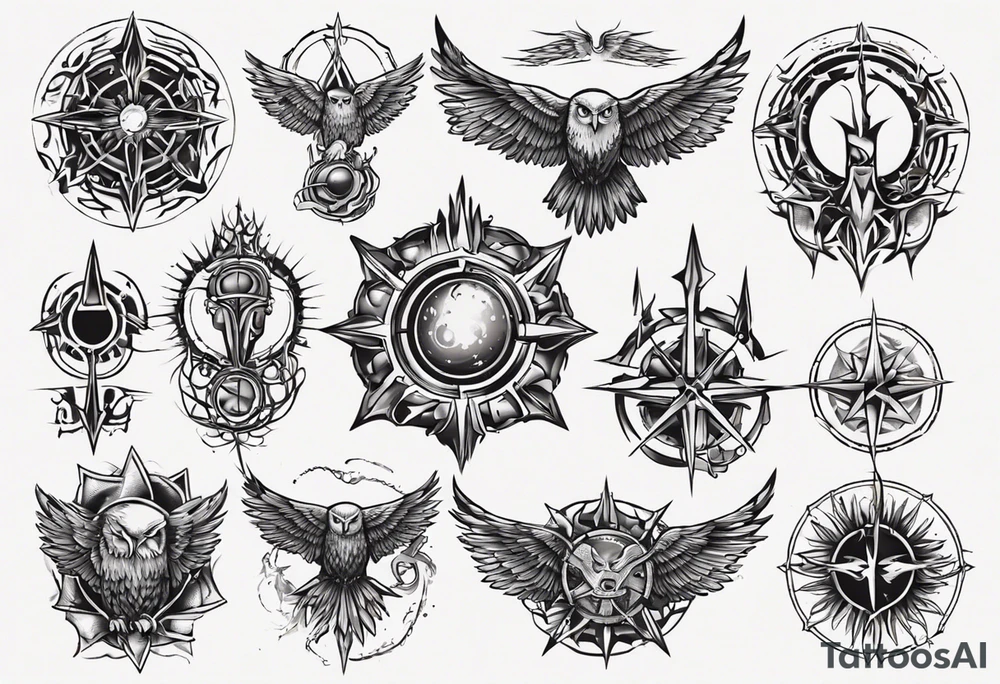 symbol eines Kriegers Wassermann Eule Sonne tattoo idea