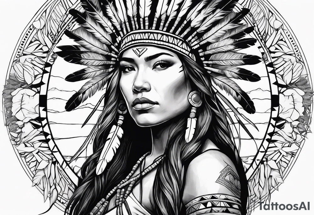 Native American, using a Native American war bonnet, with plants and nature behind her, half sleeve tattoo idea