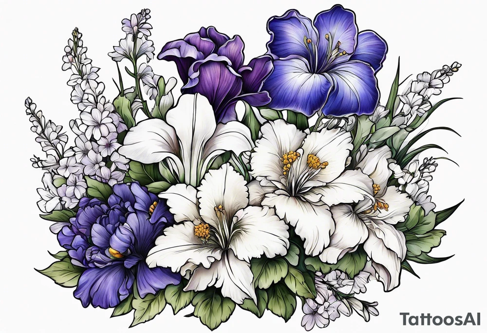 Flower bouquet filled with violets, irises and chrysanthemums tattoo idea