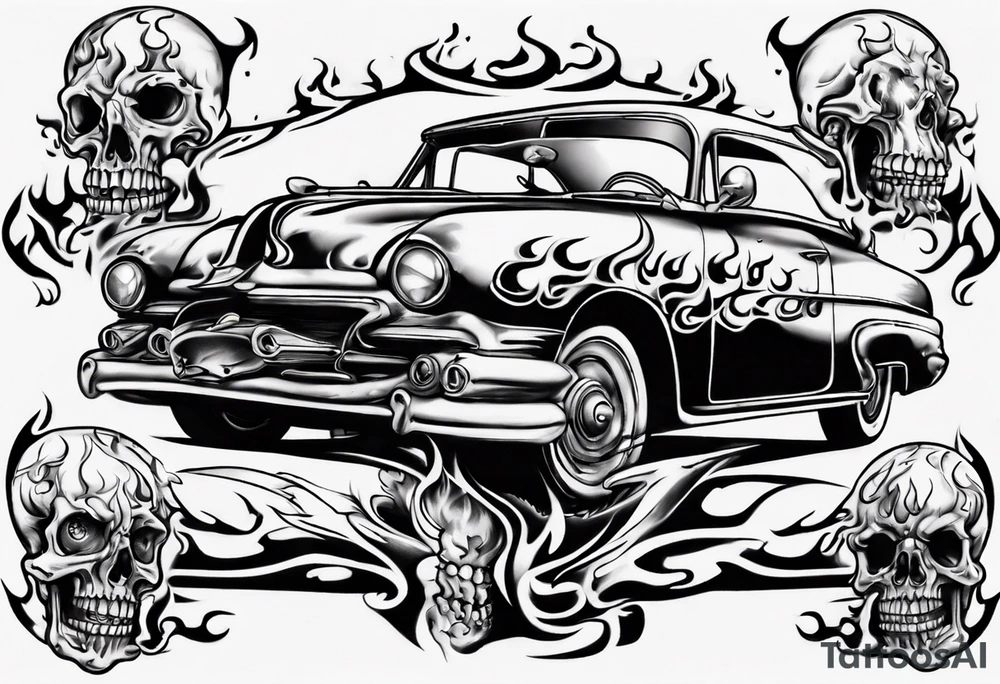 An old vintage car with flames coming out of the hood and a skeleton head at the top of the flames tattoo idea