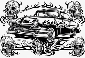 An old vintage car with flames coming out of the hood and a skeleton head at the top of the flames tattoo idea