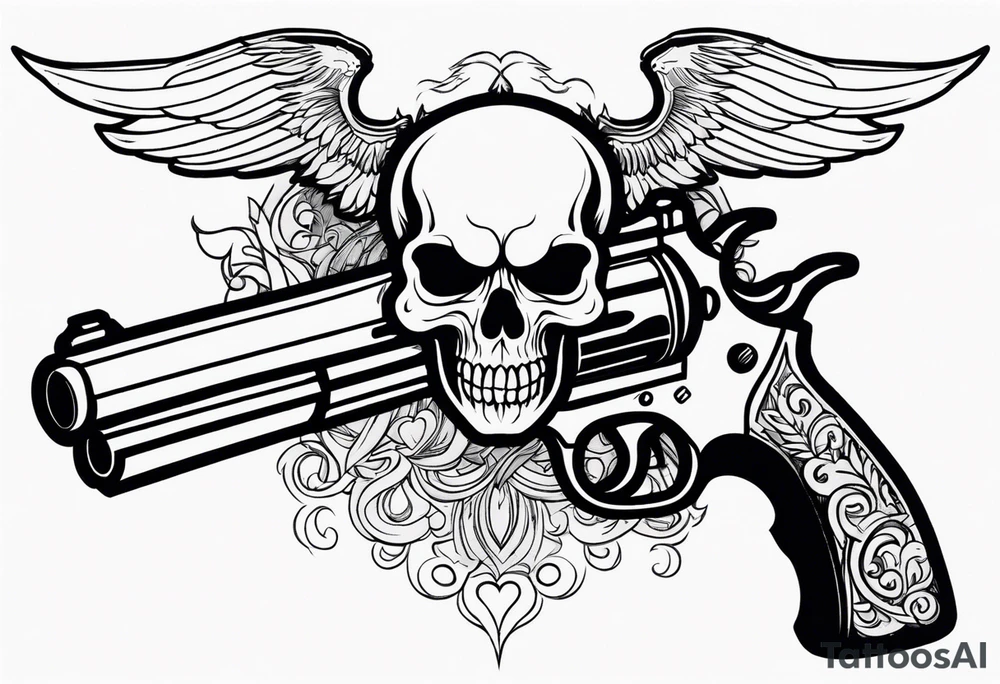 skull with a gun dominated by a  heart with wings and  flames coming out of the top of it tattoo idea