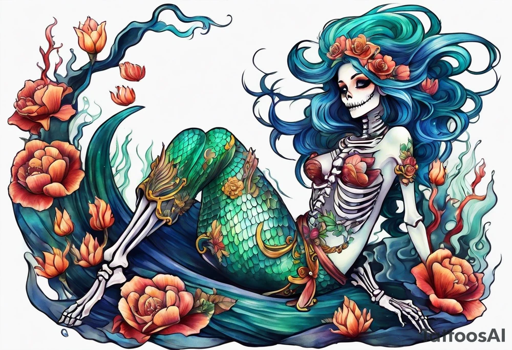 Skeleton mermaid sitting on tock tattoo idea