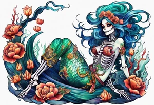 Skeleton mermaid sitting on tock tattoo idea