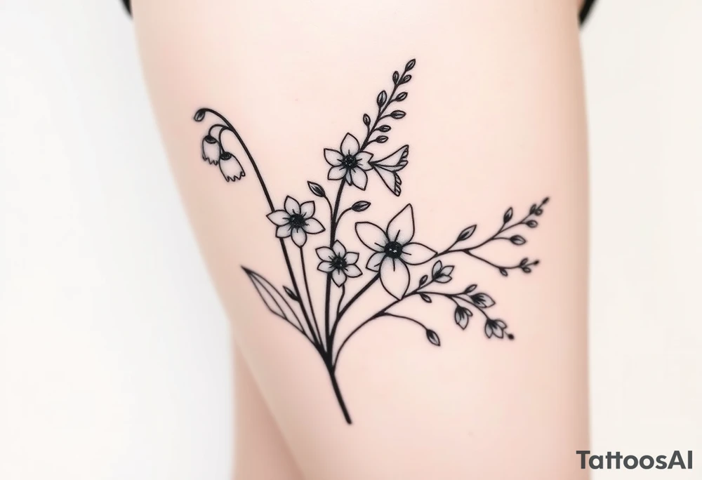Simple small design in black bunch of flowers 1 lily of the valley 1 daffodil 1 holly vine 1 larkspur tattoo idea