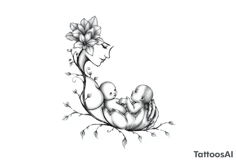 Mère assise  qui allaite son bébé, la mère à une fleur de lys sur la tête et des racines d’arbre de vie. Le bébé est dans une coquille œuf tattoo idea