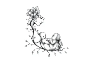 Mère assise  qui allaite son bébé, la mère à une fleur de lys sur la tête et des racines d’arbre de vie. Le bébé est dans une coquille œuf tattoo idea