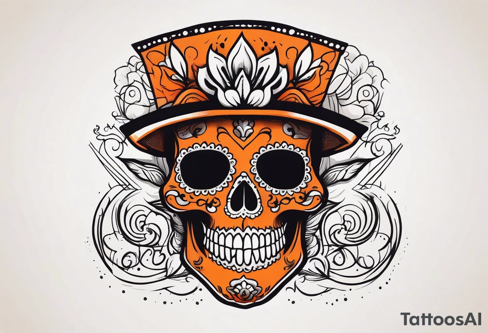 Mexican skull with smoke coming out of the bottom orange and black tattoo idea
