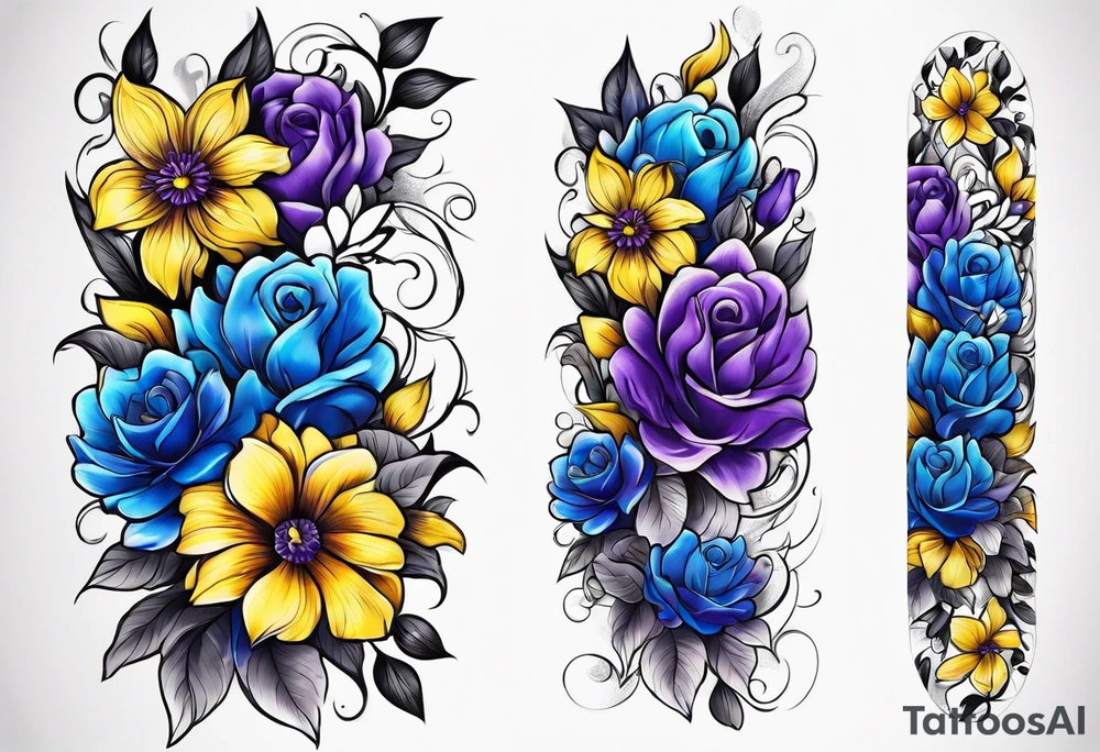Blue yellow and purple flowers arm sleeve tattoo idea