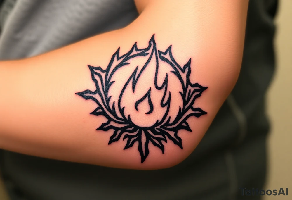 a round flame imprisoned in a roots circle tattoo idea