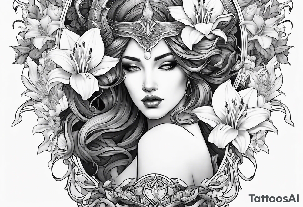 a side view of the goddess lilith holding a serpent and surrounded by lilies tattoo idea