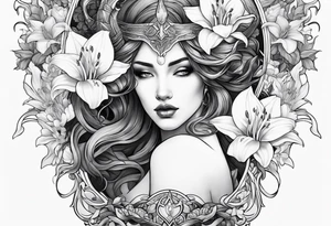 a side view of the goddess lilith holding a serpent and surrounded by lilies tattoo idea