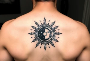 celestial sun and moon embrace with constellation patterns tattoo idea