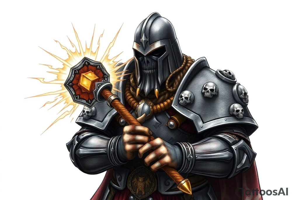 Warhammer, the Old World. A warrior priest of Sigmar holding The Warhammer of Sigmar. The Warhammer of Sigmar is radiating thunderous energy. The Warhammer is held by the warrior priest with both hands at the shaft with a firm grip in order to contain its unlimited energy, upon his chest level. The Warrior priest is wearing dark alloyed heavy armour (reference armor from warhammer vermintide 2 Victor Saltzpyres, the warrior priest of Sigmar class) with skull sigils on his shoulder pads. The warrior priest is wearing a helmet, while the helmets front visor has an humanoid face covering. The helmet and armour are gladened with hints of gold and crimson red. The Warhammer is silverish and golden with a long shaft with twisted carvings. tattoo idea