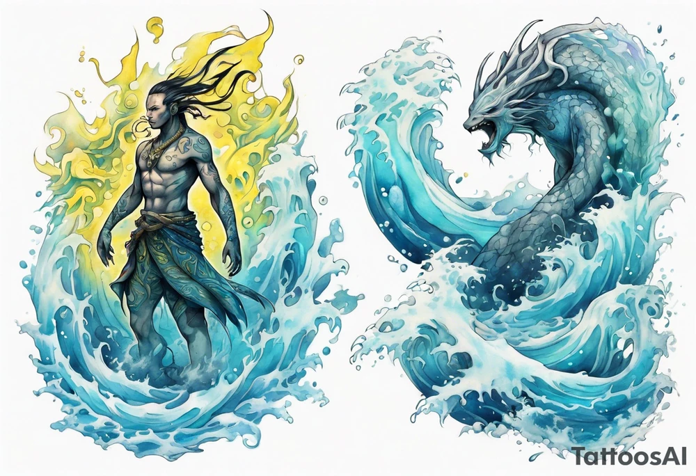 a Na'vi standing in the sea surrounded by crashing waves tattoo idea