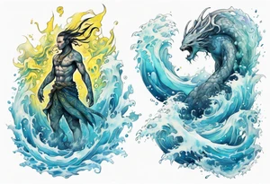 a Na'vi standing in the sea surrounded by crashing waves tattoo idea